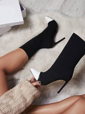 Black Sock Stiletto Boot with White Pointed Toe
